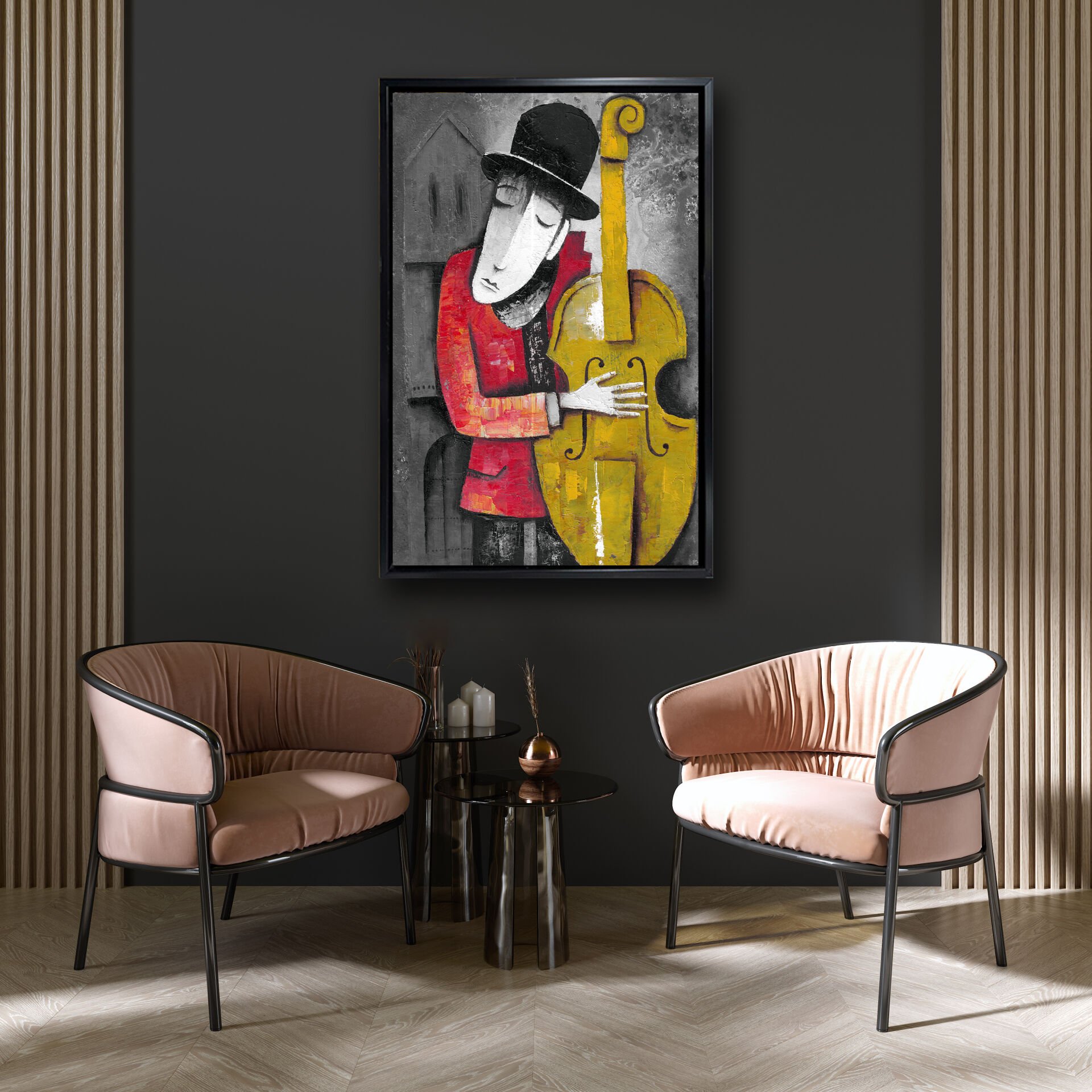 Bas Keman Çalan Adam, Yağlı Boya Dokulu Tablo