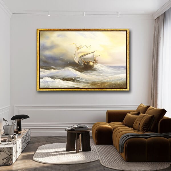 Dalgalarda Gemi , Yağlı Boya Dokulu Tablo