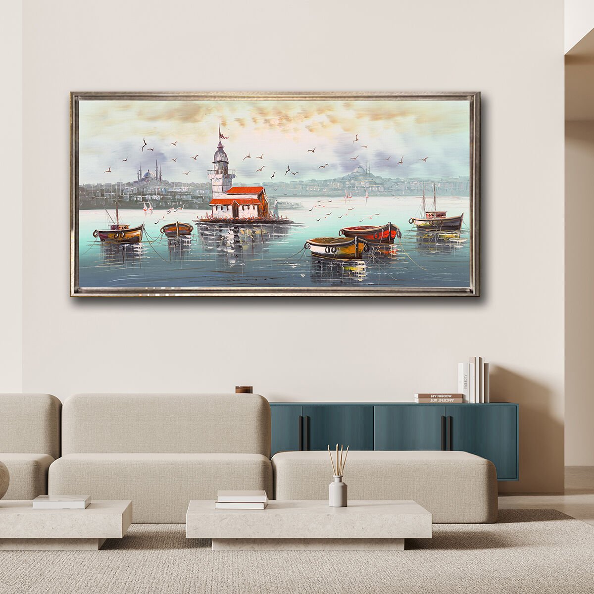 Kız Kulesi Ve Kayıklar, Yağlı Boya Dokulu Tablo