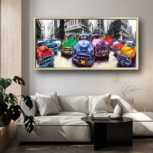 Renkli Arabalar , Yağlı Boya Dokulu Tablo