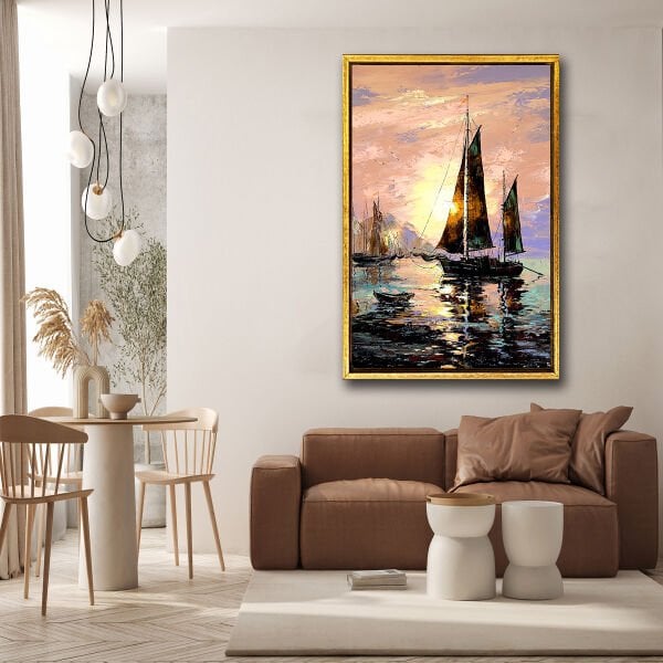 Gün Batımı Yelkenli,  Yağlı Boya Dokulu Tablo