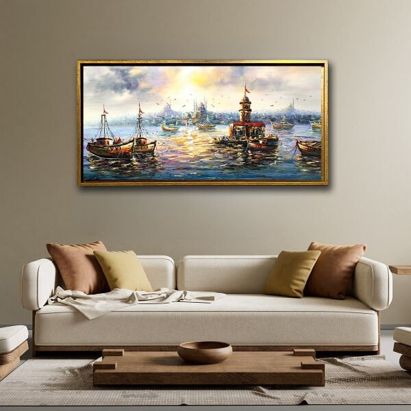 Kız Kulesi Ve Gemiler, Yağlı Boya Dokulu Tablo