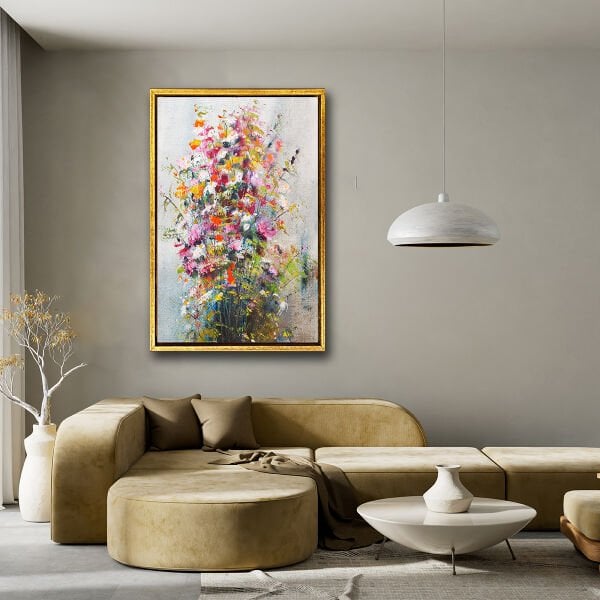 Renkli Çiçekler,  Yağlı Boya Dokulu Tablo