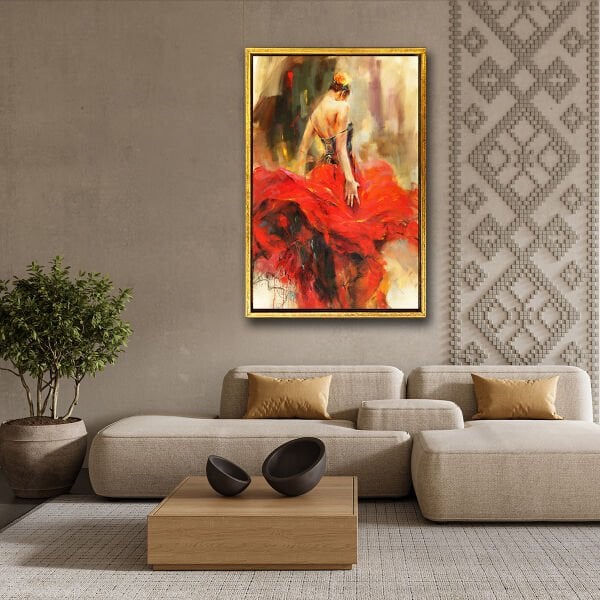 Kırmızı Elbiseli Kadın, Yağlı Boya Dokulu Tablo