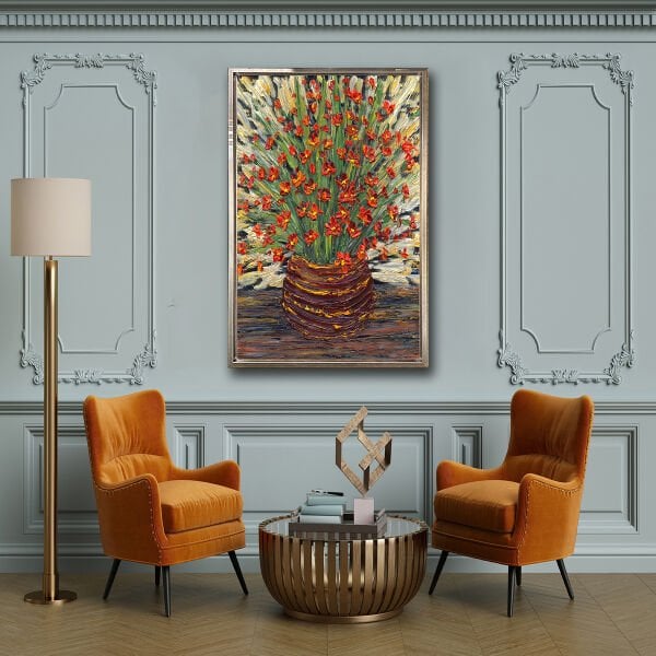 Vazoda Çiçekler, Yağlı Boya Dokulu Tablo