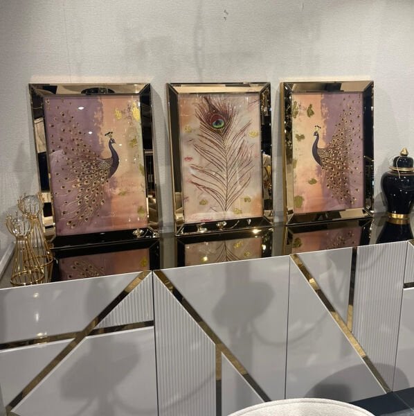 Ayna Çerçeveli Tavuz Kuşu Tablo, 3 lü Set