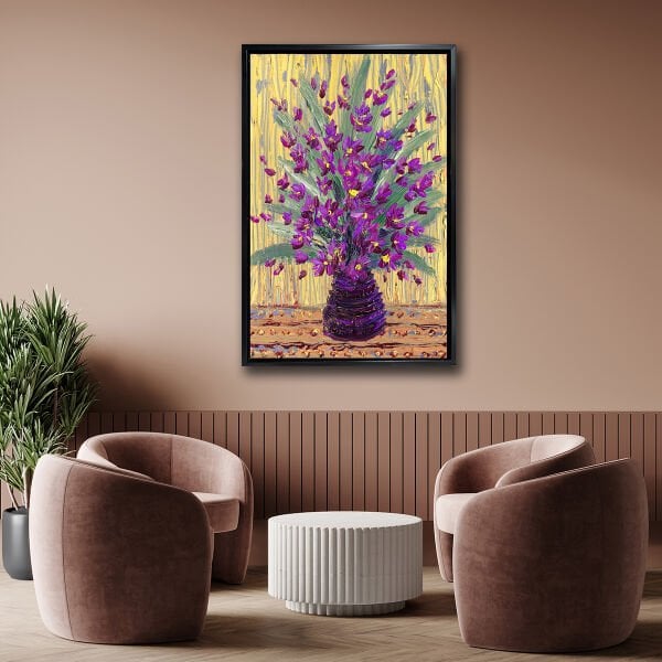 Saksıda Mor Çiçekler, Yağlı Boya Dokulu Tablo