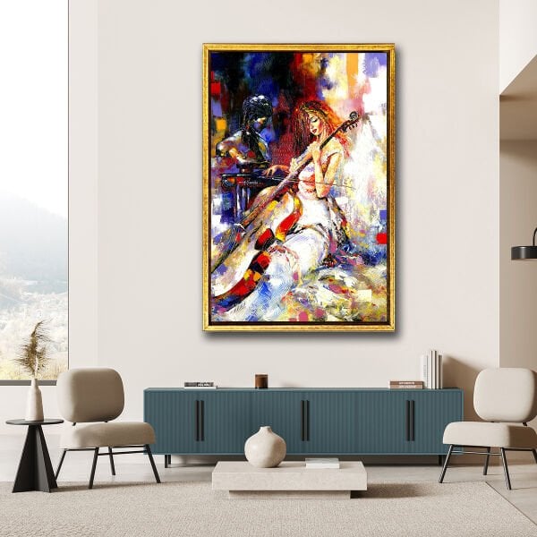 Enstrüman Çalan Kadın , Yağlı Boya Dokulu Tablo