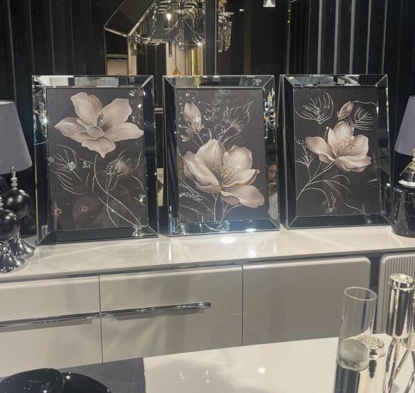 Ayna Çerçeveli Çiçek Tablo, 3 lü Set