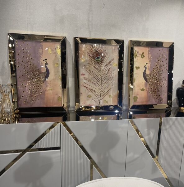 Ayna Çerçeveli Tavuzkuşu Tablo, 3 lü Set