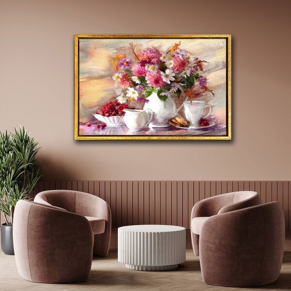 Çiçekli Kahve Molası,  Yağlı Boya Dokulu Tablo