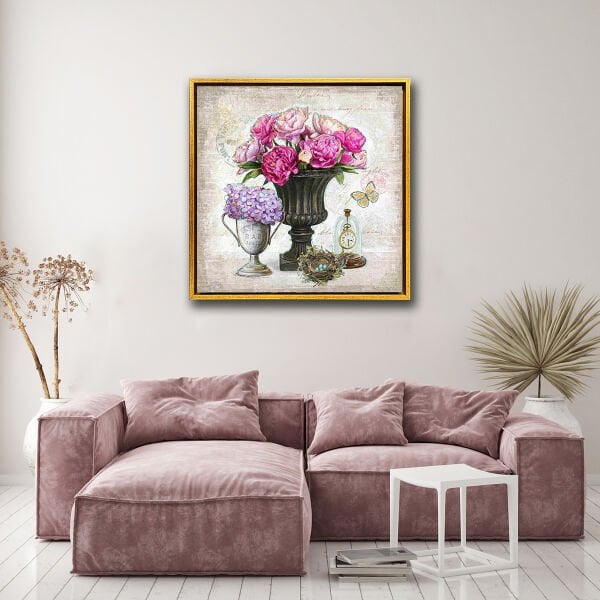 Pembe Çiçekler,  Yağlı Boya Dokulu Tablo