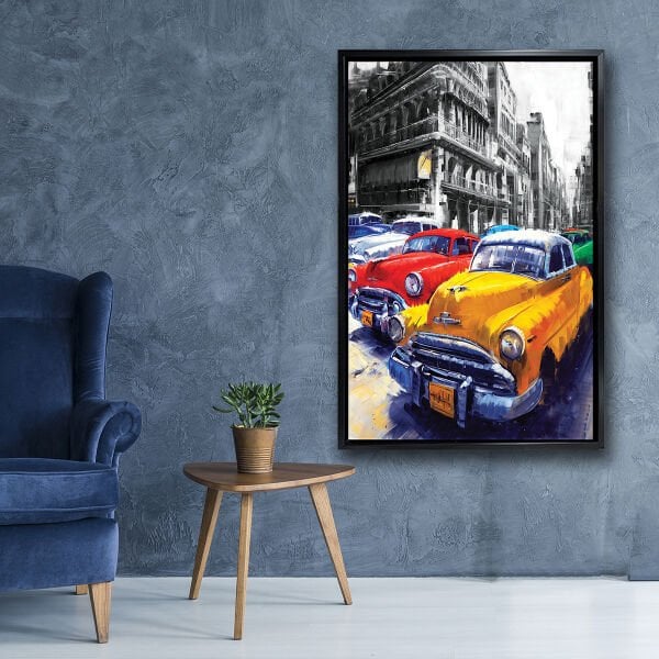 Sarı Ve Kırmızı Arabalar,  Yağlı Boya Dokulu Tablo