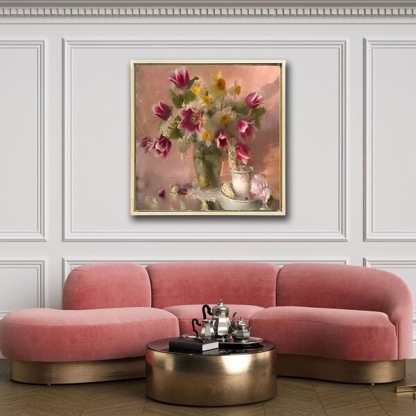 Vazo Ve Çiçekler,  Yağlı Boya Dokulu Tablo