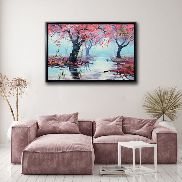 Pembe Çiçekli Ağaçlar,  Yağlı Boya Dokulu Tablo