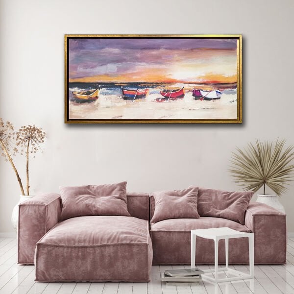 Gün Batımı Ve Kayıklar, Yağlı Boya Dokulu Tablo