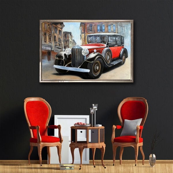 Kırmızı Araba , Yağlı Boya Dokulu Tablo